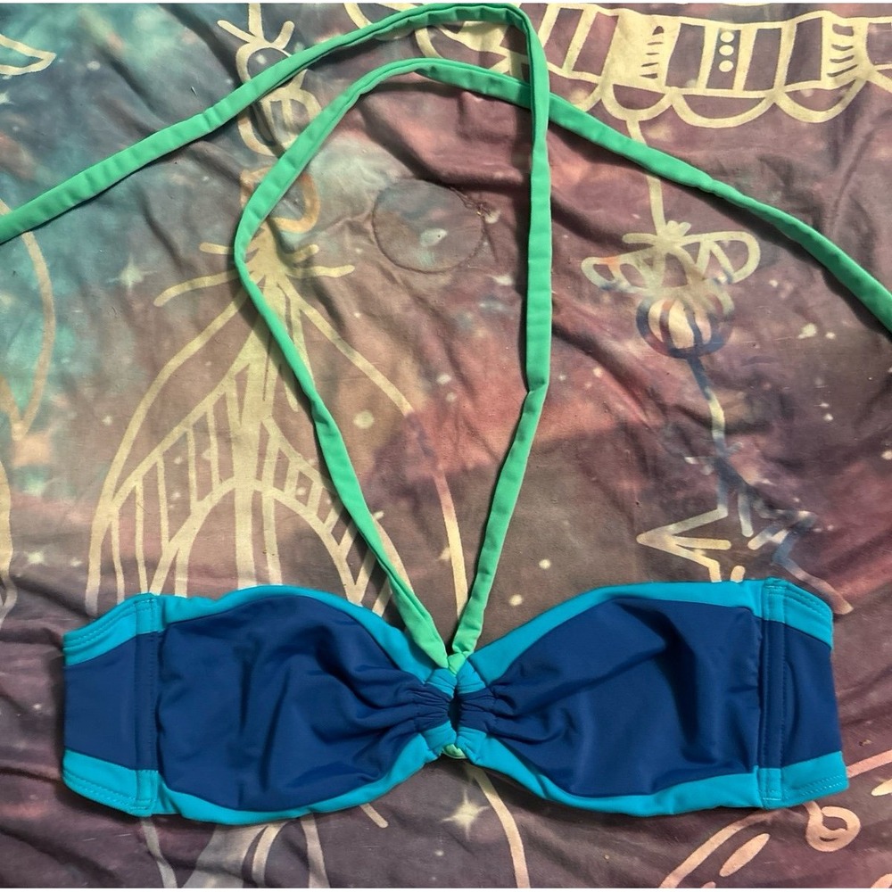 Hollister Swim Blue & Green Bandaeu Tie Halter Bikini Swinwear Top, Medium